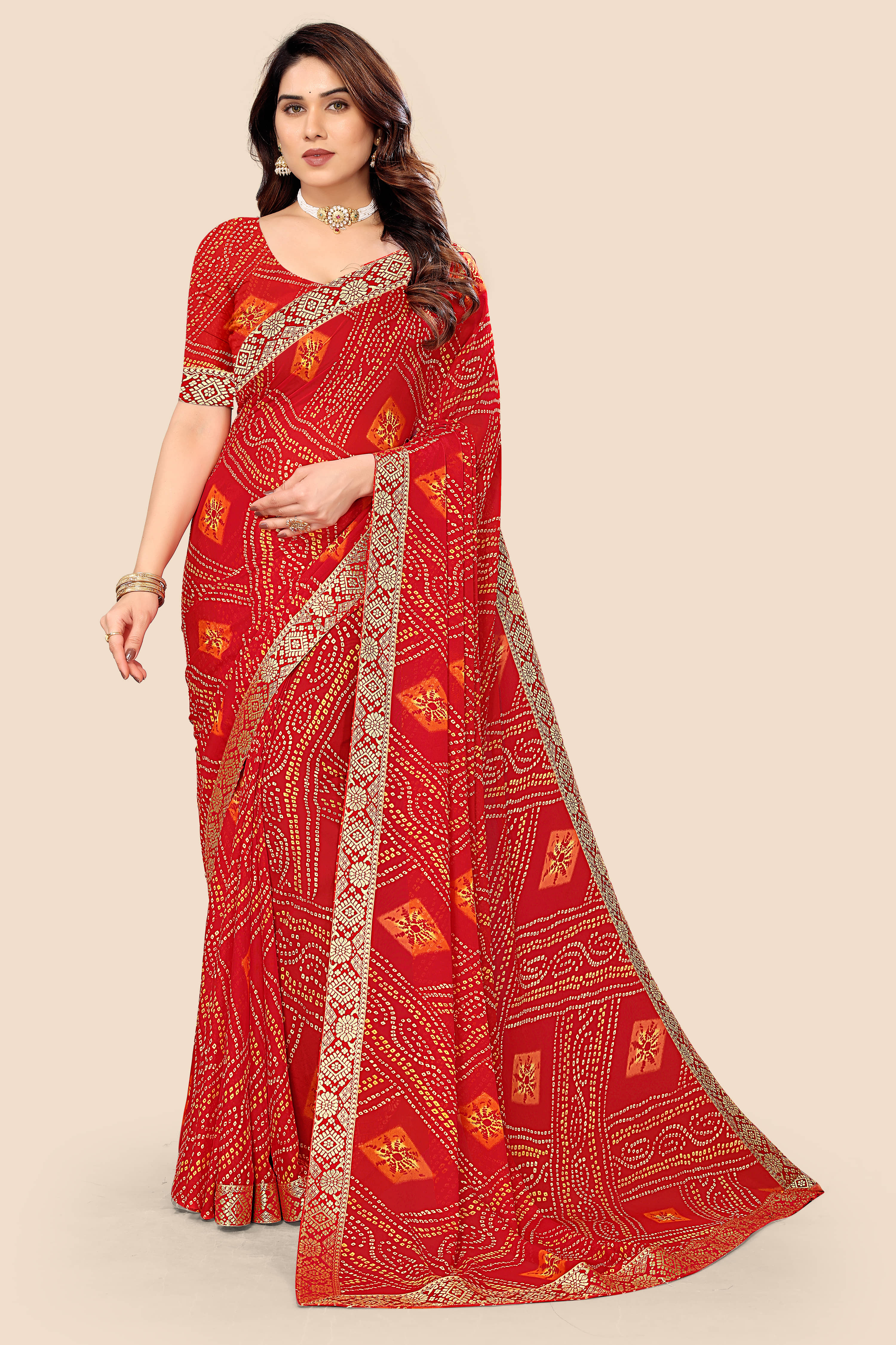 Kanooda Prints Georgette Printed Saree With Unstitched Blouse Piece ( Red,Pink )
