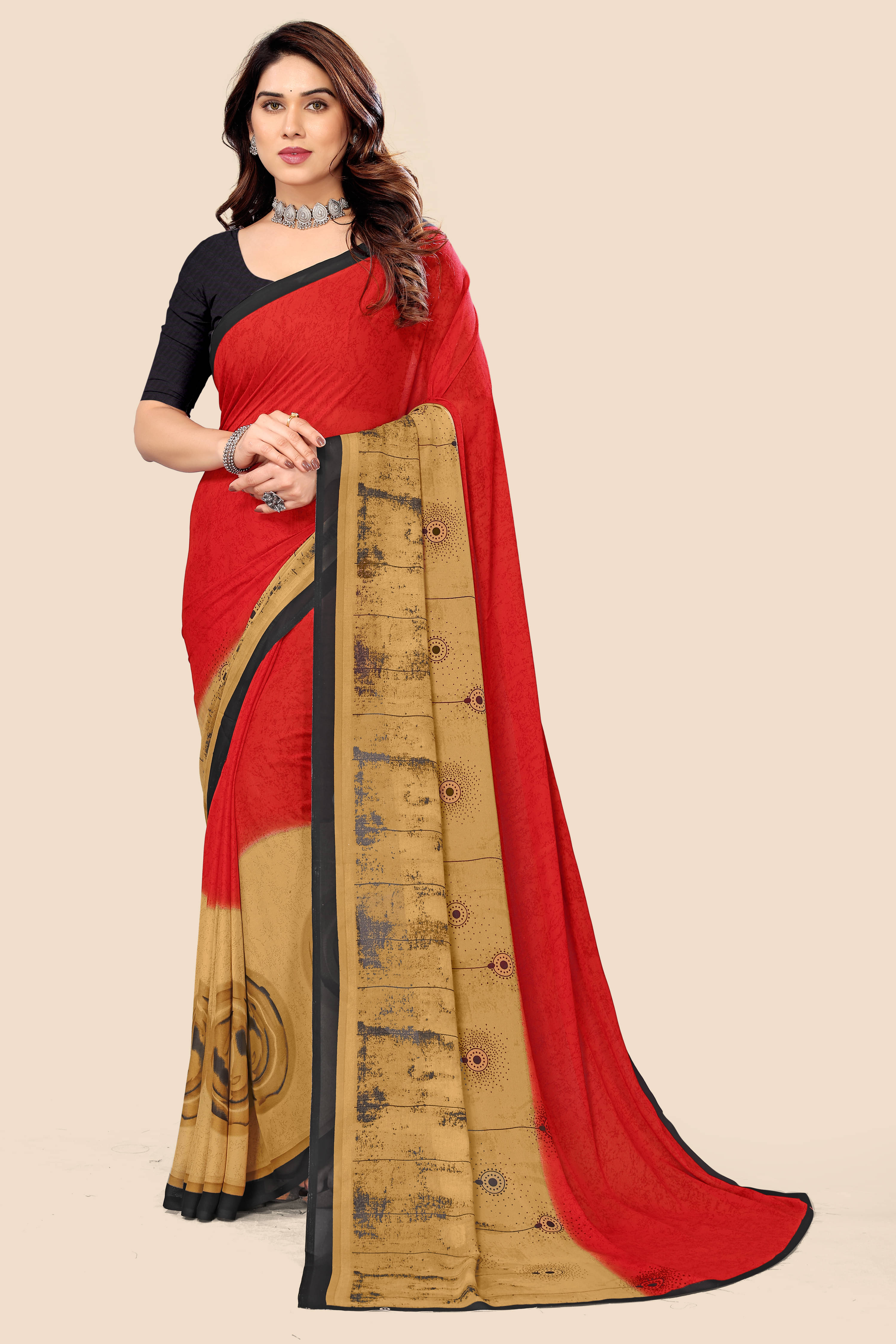     			Kanooda Prints Georgette Printed Saree With Unstitched Blouse Piece ( Red )