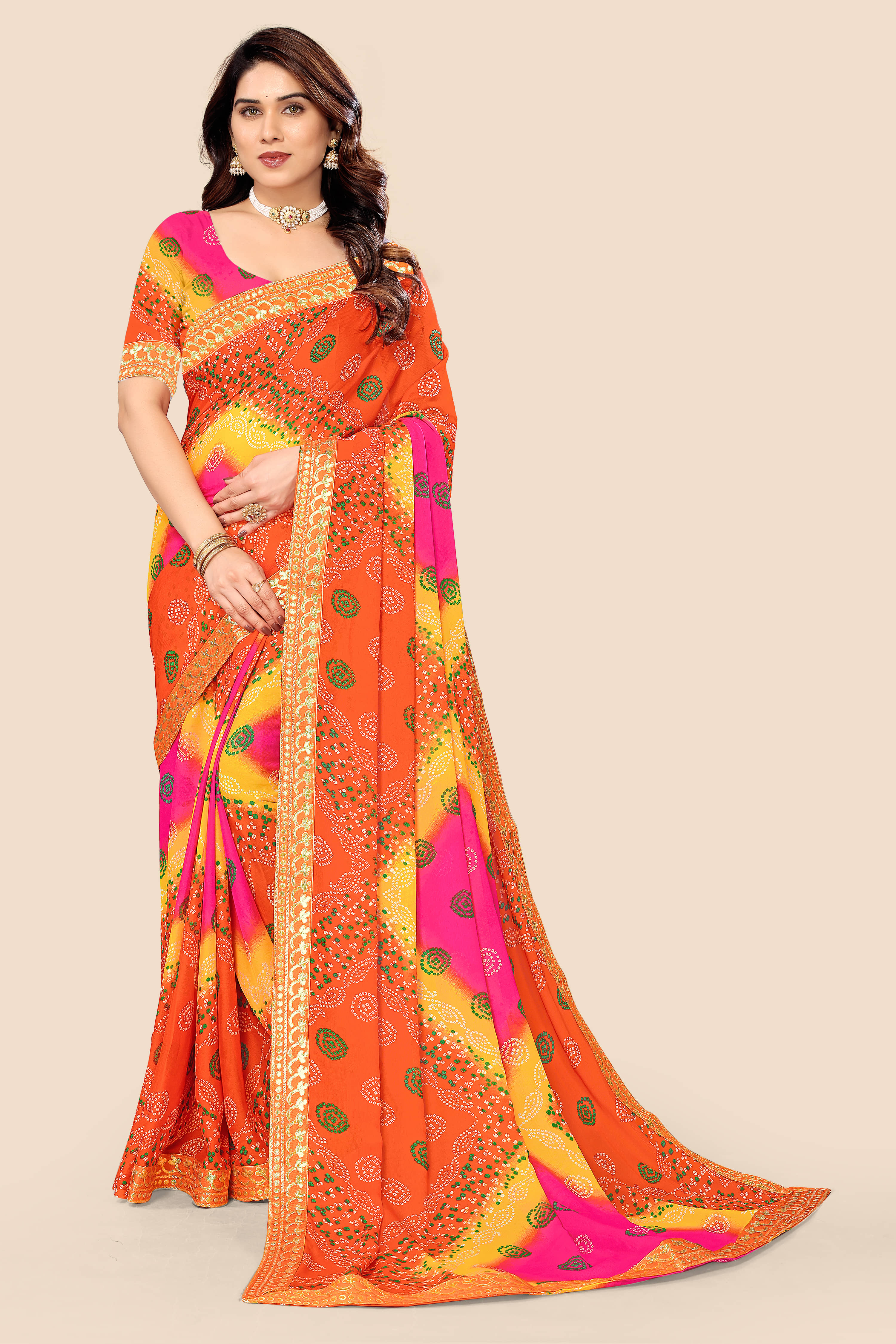 Kanooda Prints Georgette Printed Saree With Unstitched Blouse Piece ( Orange ) - Sarees | Buy online on ZillyBuy
