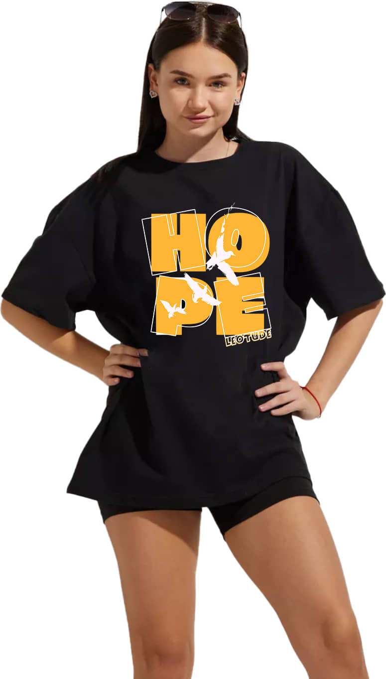 Leotude Women Cotton Blend Printed Oversized Fit Round Neck T-Shirt ( Black )