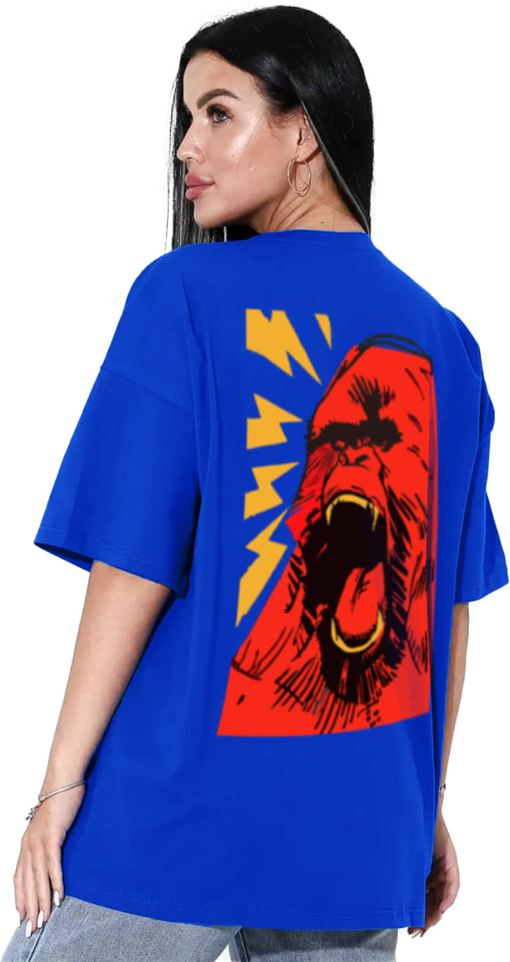 Leotude Women Cotton Blend Printed Oversized Fit Round Neck T-Shirt ( Blue )