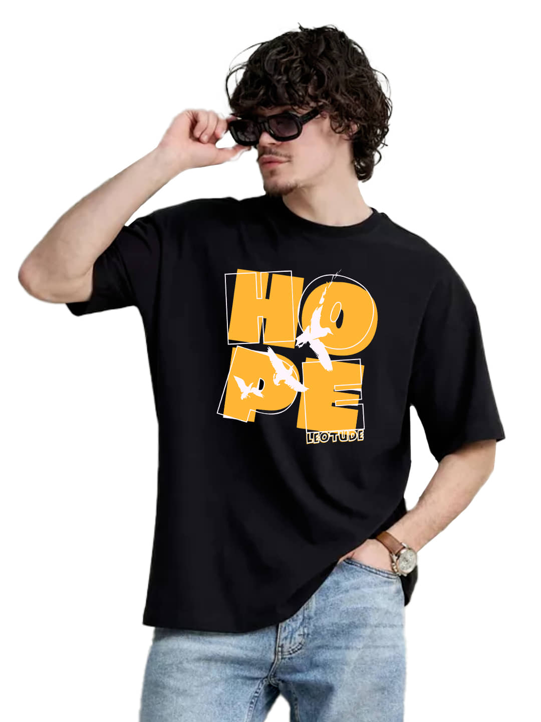 Leotude Men Cotton Blend Oversized Fit Printed T-Shirt ( Black )