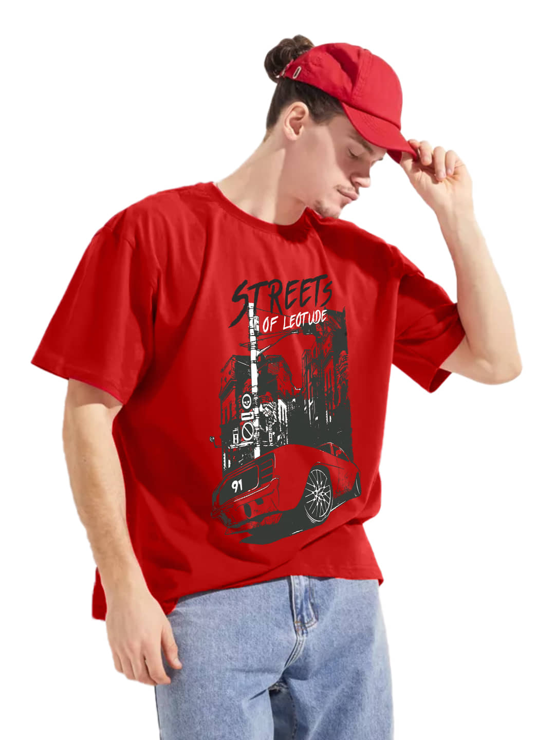 Leotude Men Cotton Blend Oversized Fit Printed T-Shirt ( Red )