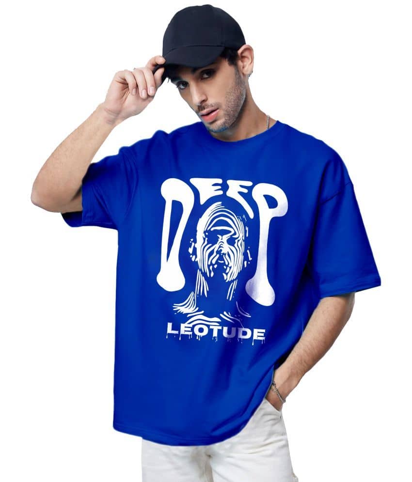 Leotude Men Cotton Blend Oversized Fit Printed T-Shirt ( Blue )