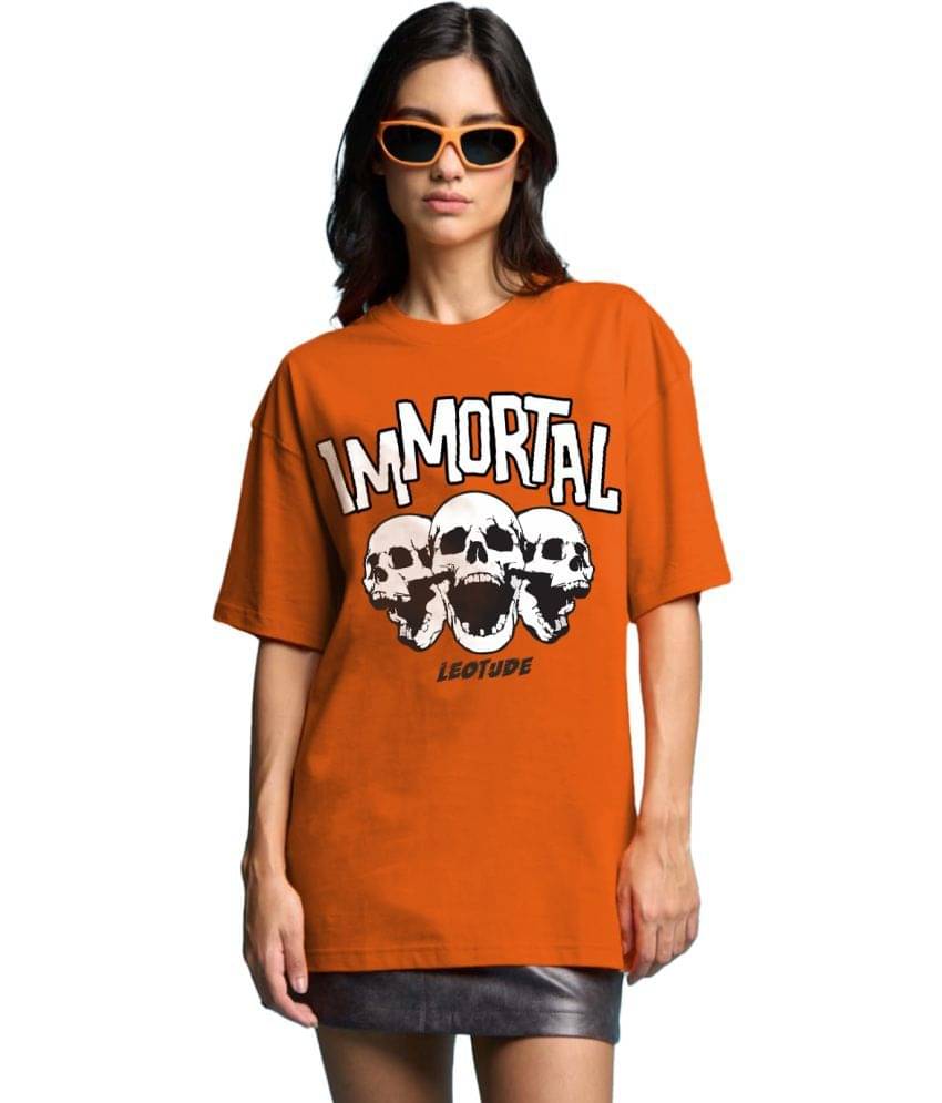 Leotude Women Cotton Blend Printed Oversized Fit Round Neck T-Shirt ( Orange )     			Leotude Women Cotton Blend Printed Oversized Fit Round Neck T-Shirt ( Orange )
