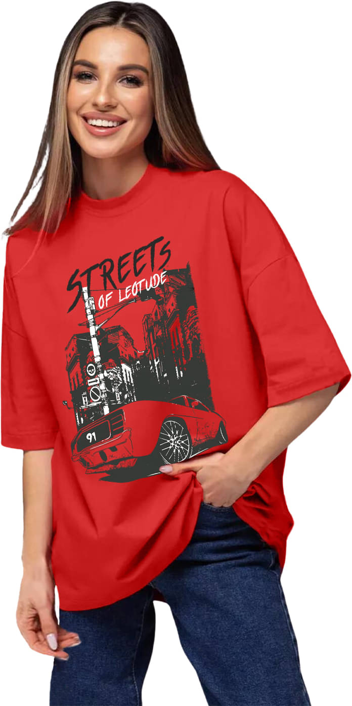     			Leotude Women Cotton Blend Printed Oversized Fit Round Neck T-Shirt ( Red )