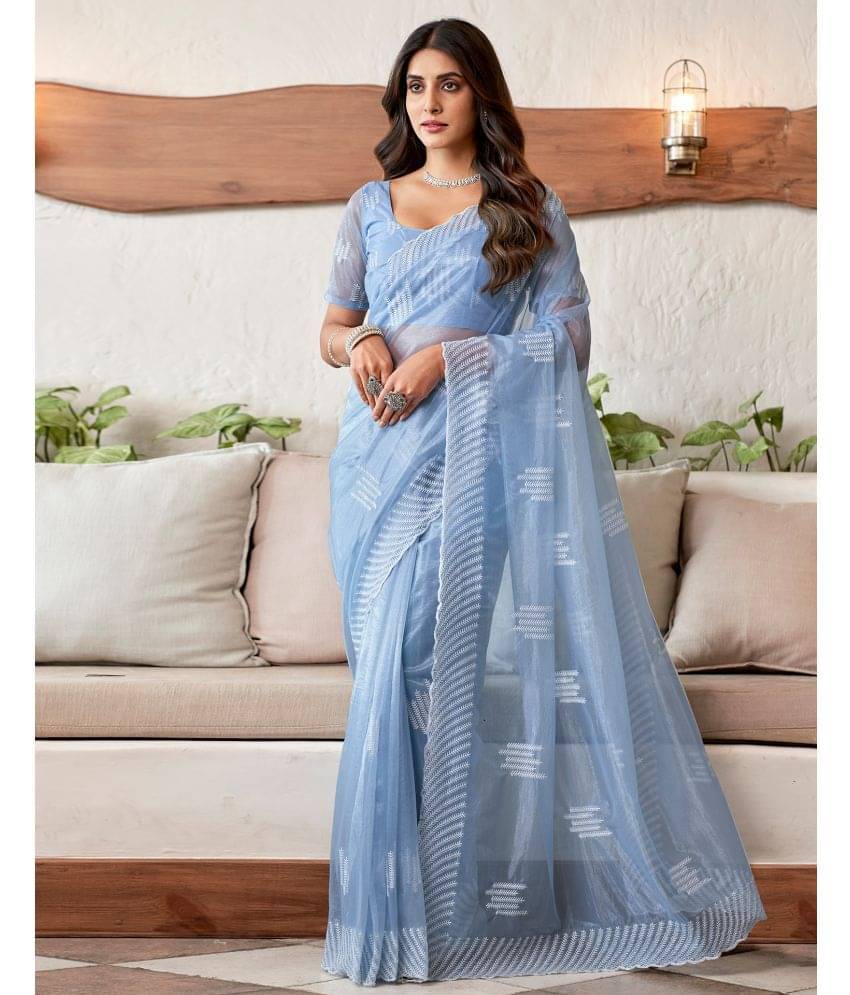     			Samah Organza Embroidered Saree With Unstitched Blouse Piece ( Blue )