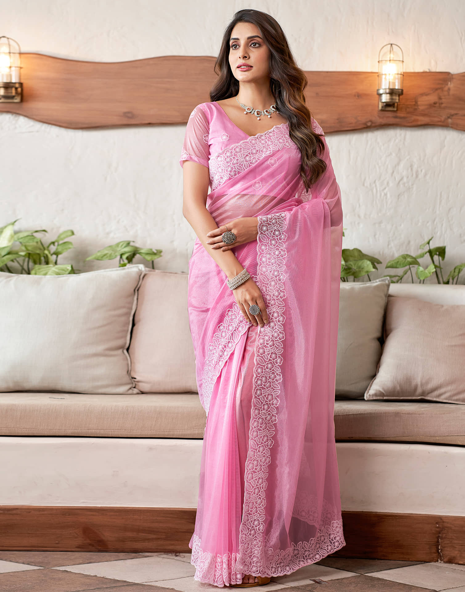 Samah Organza Embroidered Saree With Unstitched Blouse Piece ( Lavender ) - Sarees | Buy online on ZillyBuy