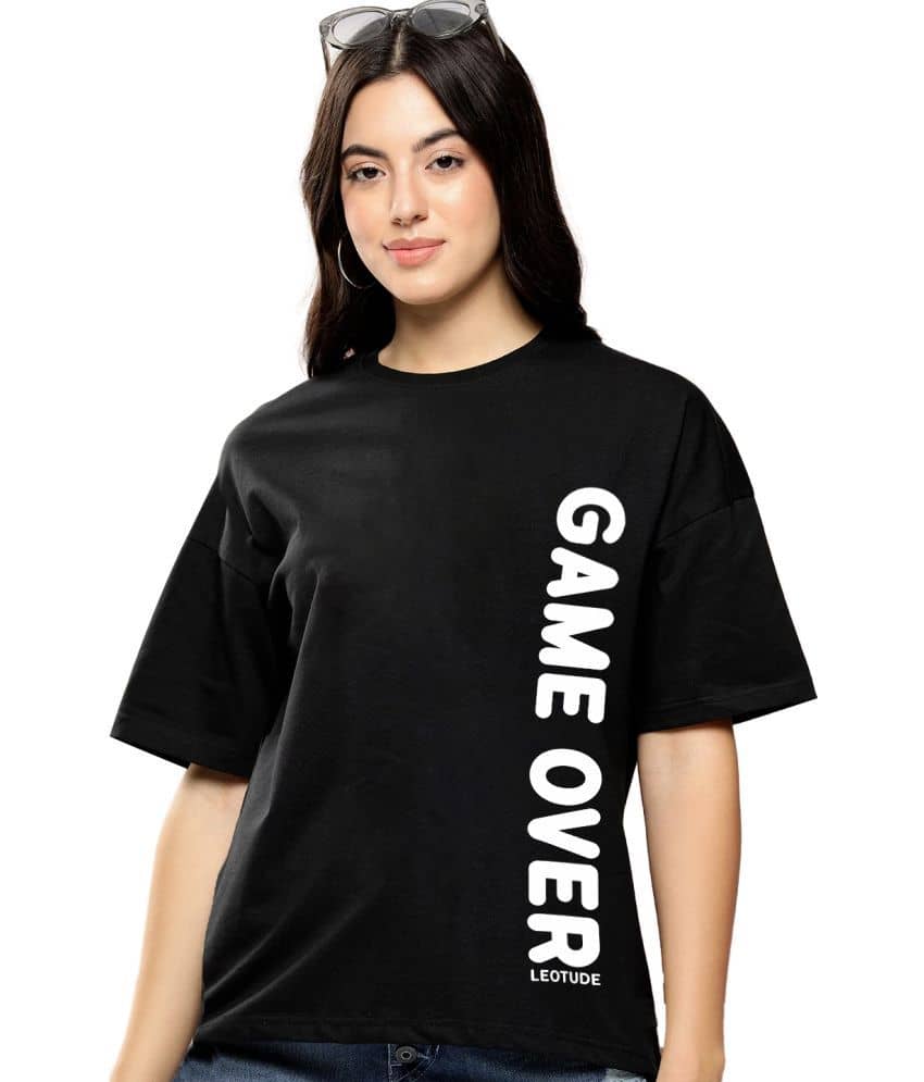 Trond Women Cotton Printed Oversized Fit Round Neck T-Shirt ( Black )