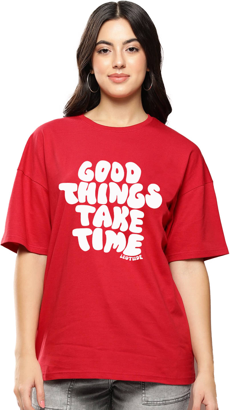 Trond Women Cotton Printed Oversized Fit Round Neck T-Shirt ( Red ) Trond Women Cotton Printed Oversized Fit Round Neck T-Shirt ( Red )