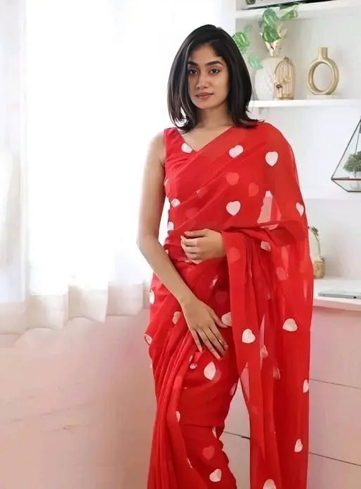 Aika Georgette Embroidered Saree With Unstitched Blouse Piece ( Red ) Aika Georgette Embroidered Saree With Unstitched Blouse Piece ( Red )