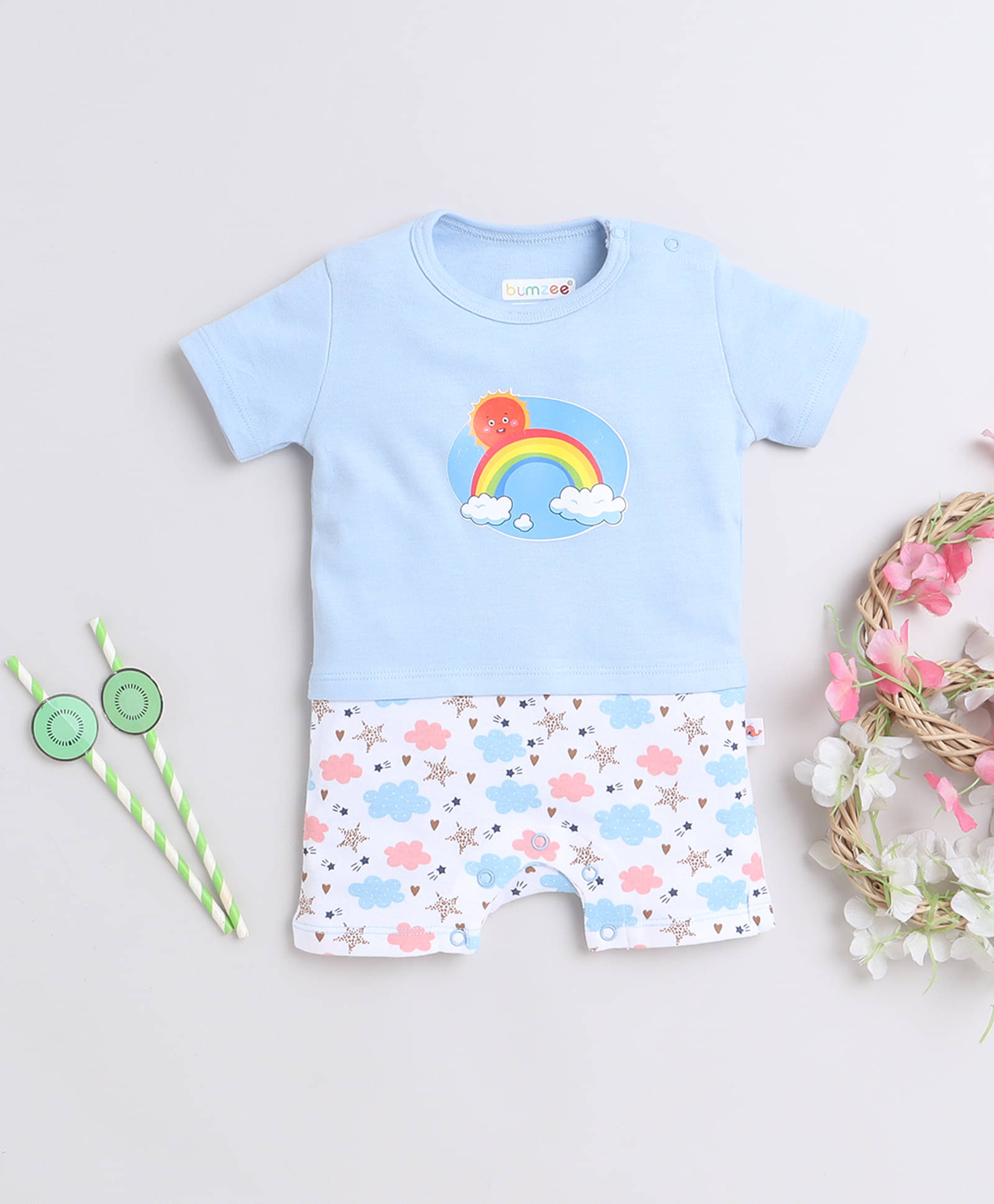     			BUMZEE Blue Cotton Rompers For Baby Boy ( Pack of 1 )
