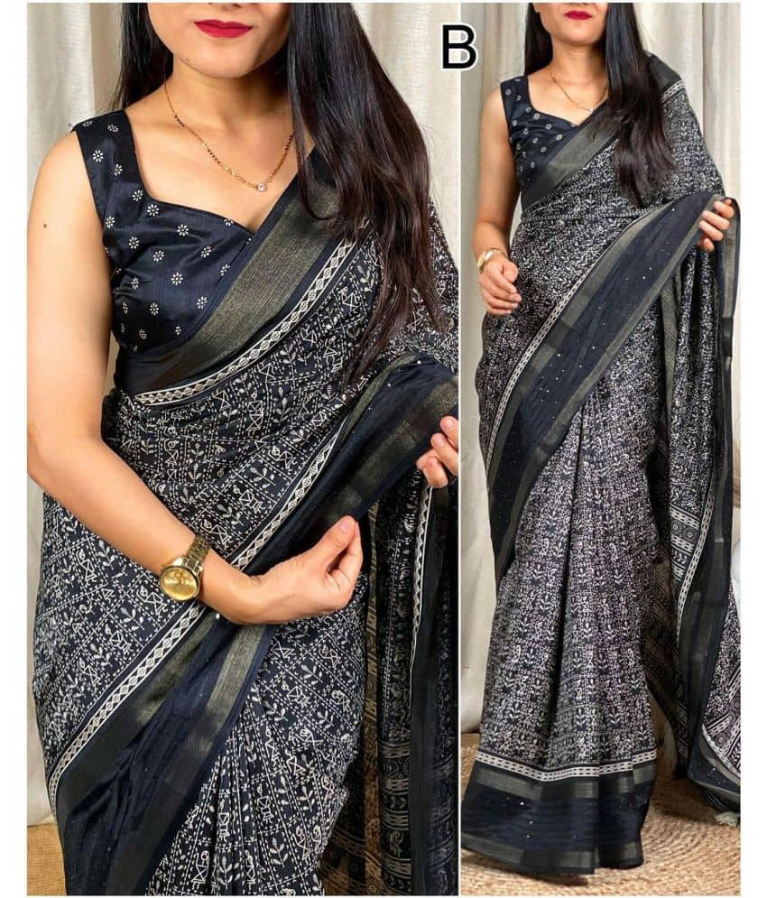 Bhuwal Fashion Art Silk Printed Saree With Unstitched Blouse Piece ( Black,Turquoise,Green ) - Sarees | Buy online on ZillyBuy