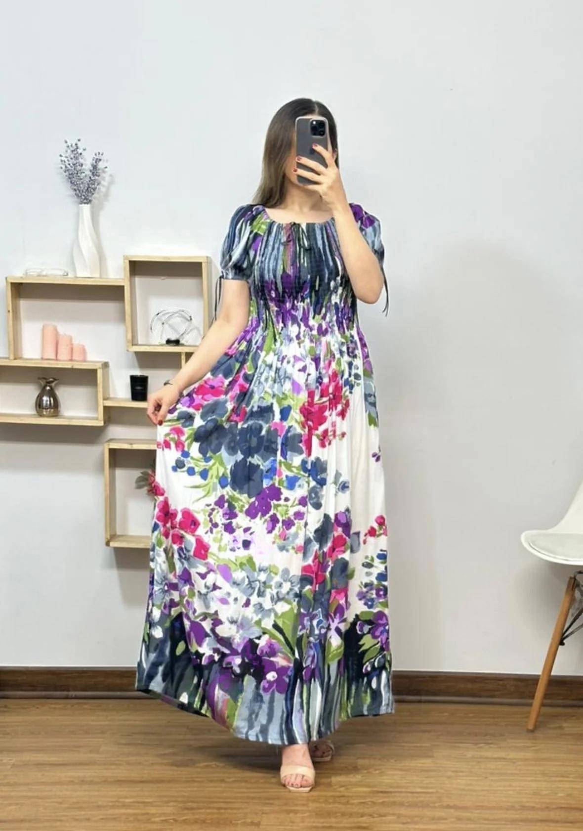 COMFY ATTIRE Women Rayon Printed Fit & Flare Dress ( Grey ) COMFY ATTIRE Women Rayon Printed Fit & Flare Dress ( Grey )