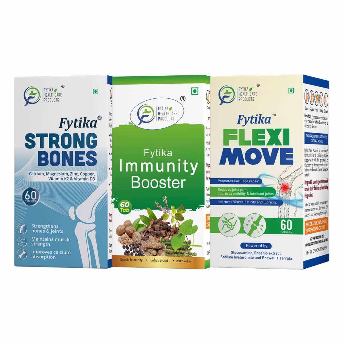     			FYTIKA Fytika Strong Bones + Immunity Booster + Flexi Move - Combo Pack 3 gm Unflavoured Minerals Tablets Pack of 3