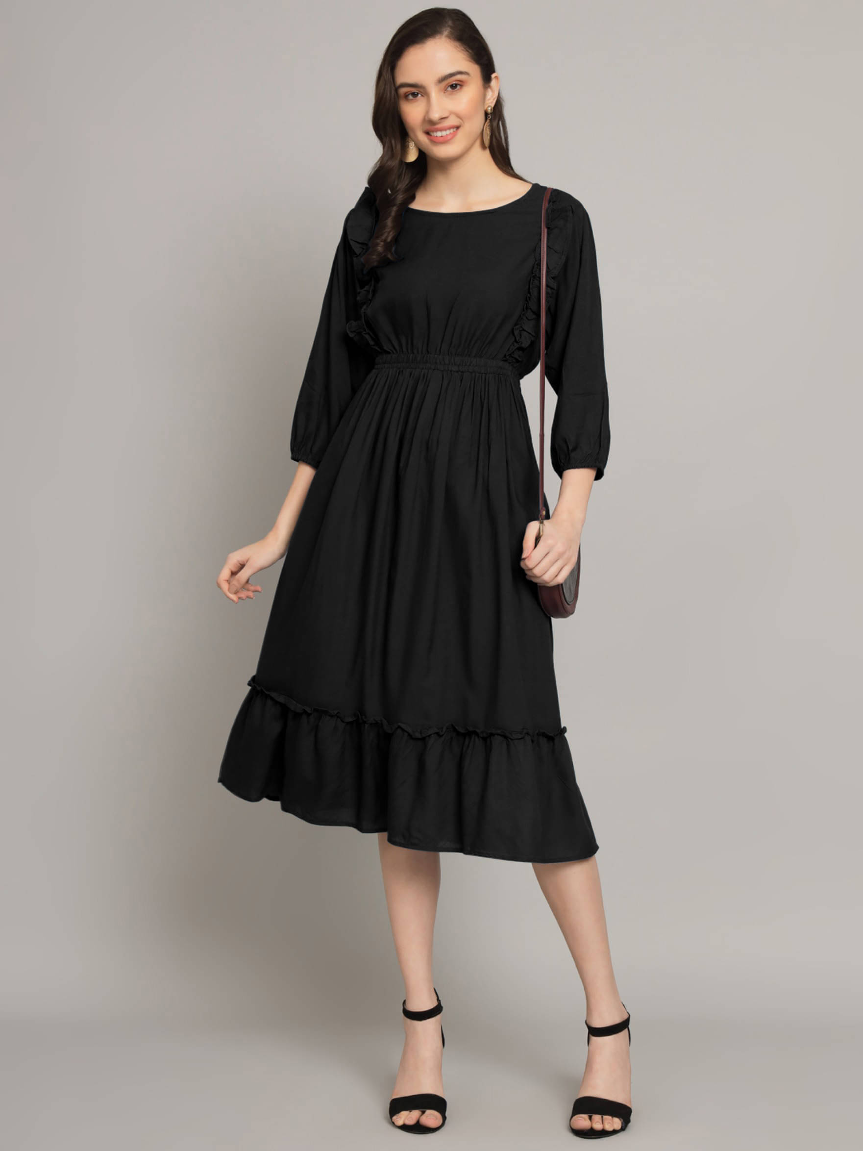     			Femvy Women Rayon Solid Fit & Flare Dress ( Black )