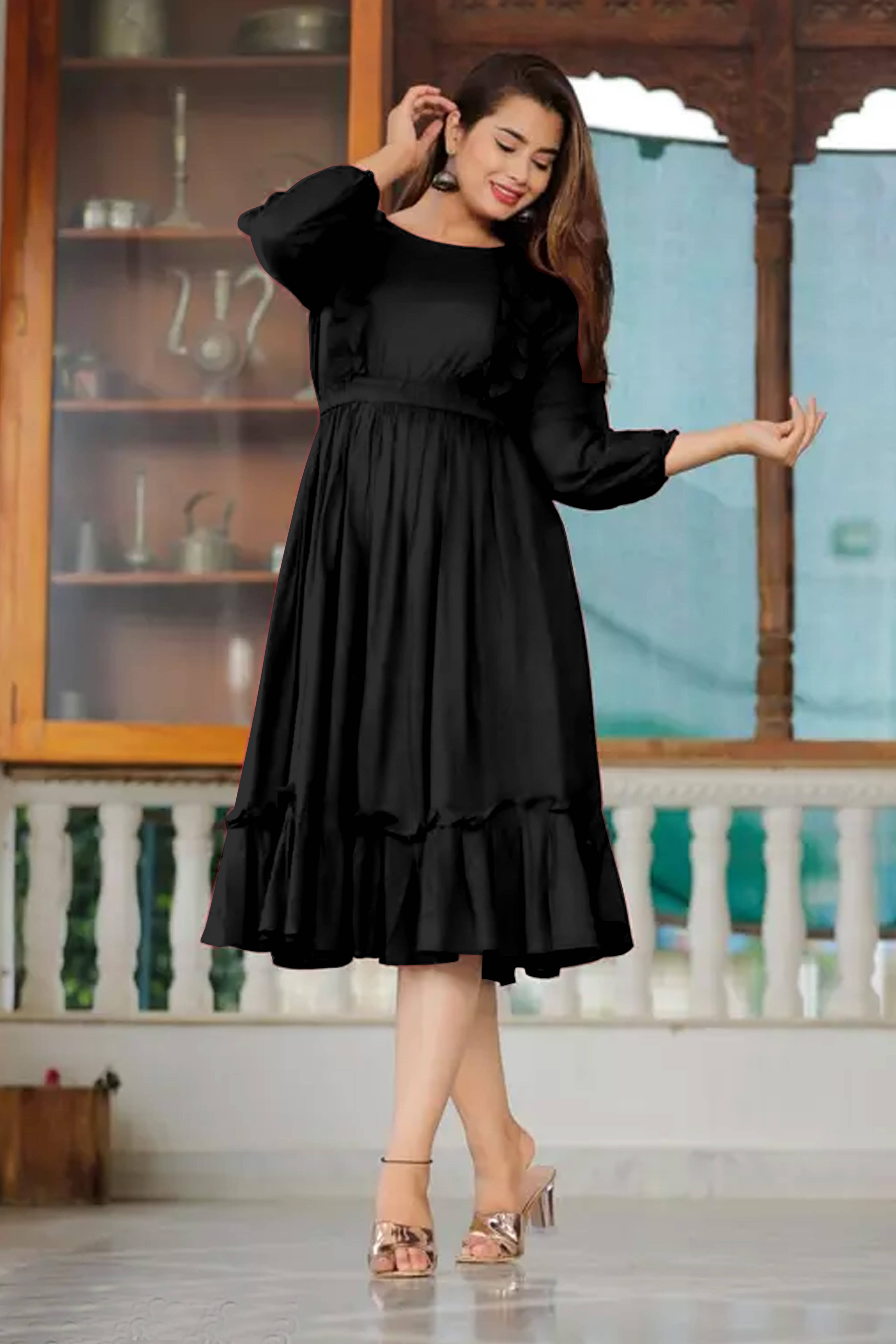     			Femvy Women Rayon Solid Fit & Flare Dress ( Black )