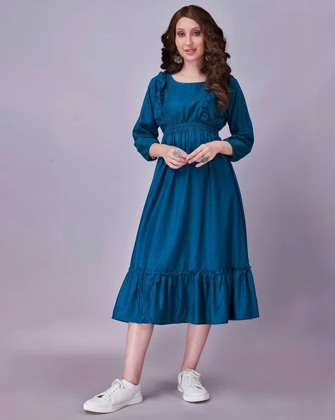     			Femvy Women Rayon Solid Fit & Flare Dress ( Blue )
