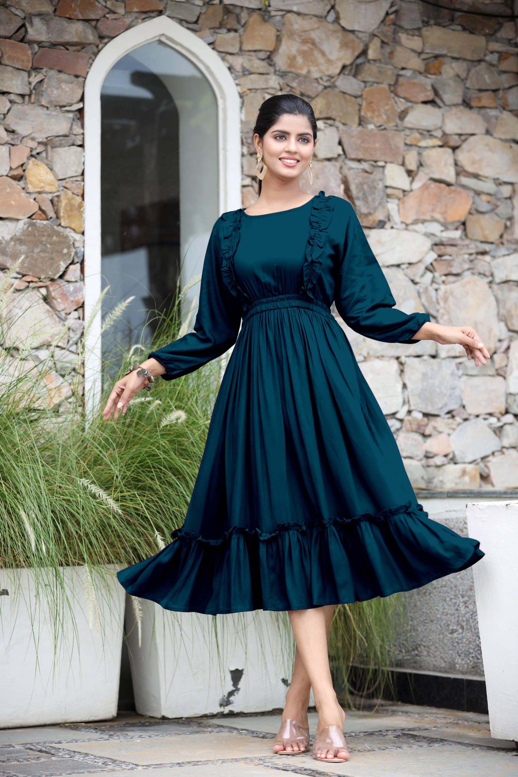     			Femvy Women Rayon Solid Fit & Flare Dress ( Blue )