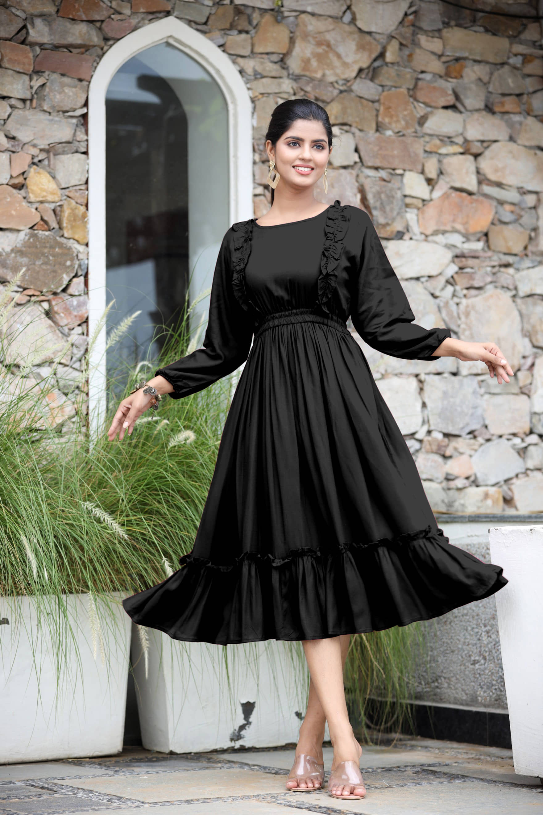 Femvy Women Rayon Solid Fit & Flare Dress ( Black )