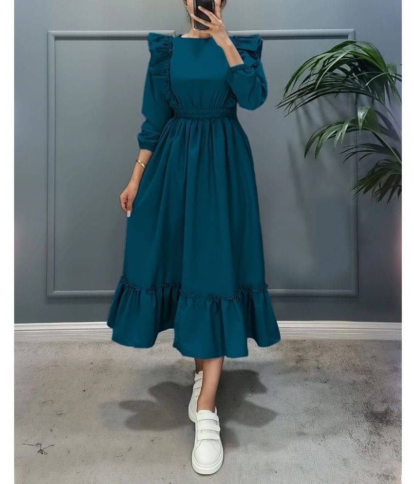 Femvy Women Rayon Solid Fit & Flare Dress ( Blue ) Femvy Women Rayon Solid Fit & Flare Dress ( Blue )