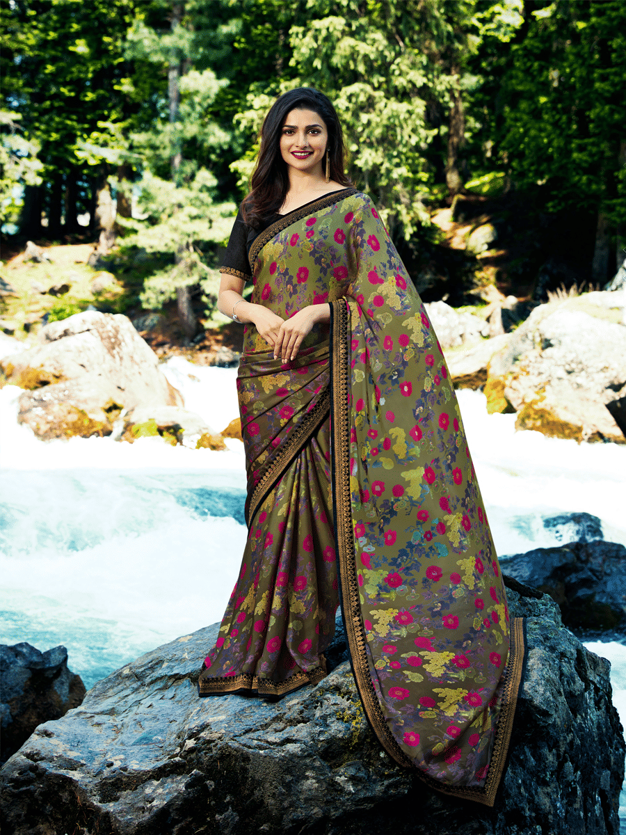 Gazal Fashions Georgette Printed Saree With Unstitched Blouse Piece ( Multicolour ) - Sarees | Buy online on ZillyBuy