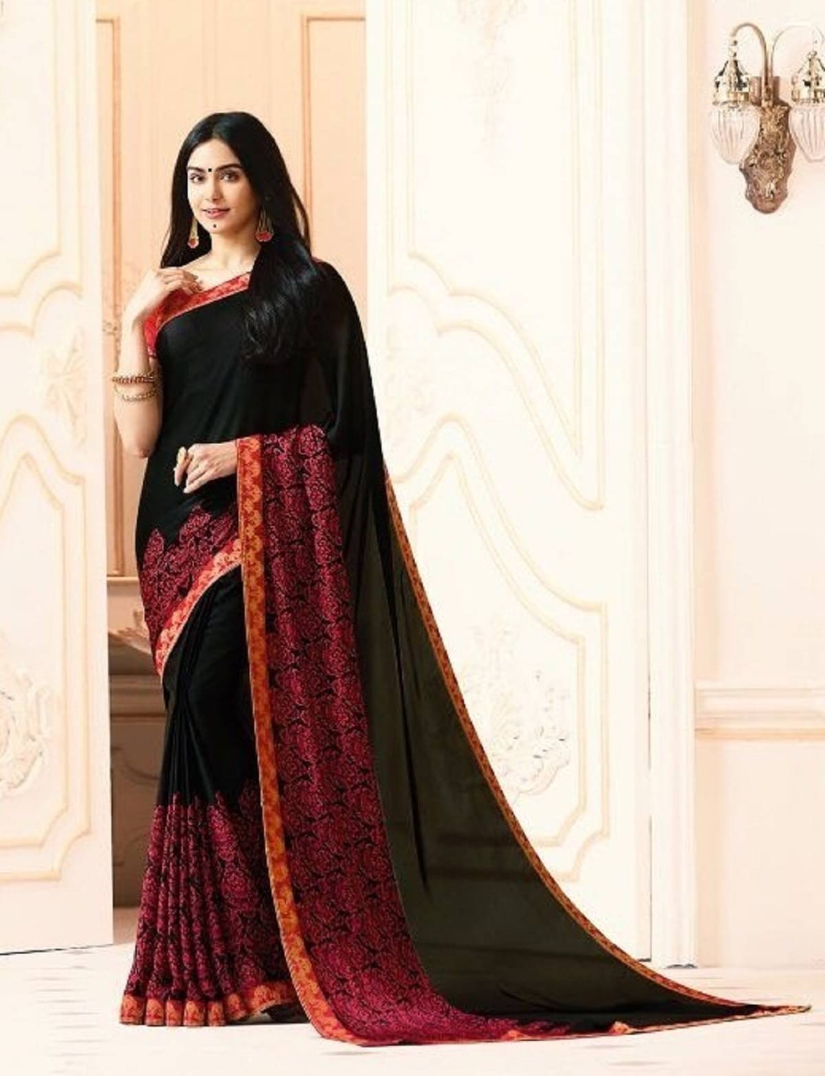 Gazal Fashions Georgette Printed Saree With Unstitched Blouse Piece ( Black ) Gazal Fashions Georgette Printed Saree With Unstitched Blouse Piece ( Black )