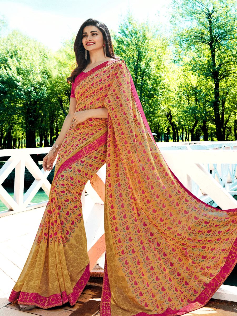Gazal Fashions Georgette Printed Saree With Unstitched Blouse Piece ( Yellow ) Gazal Fashions Georgette Printed Saree With Unstitched Blouse Piece ( Yellow )