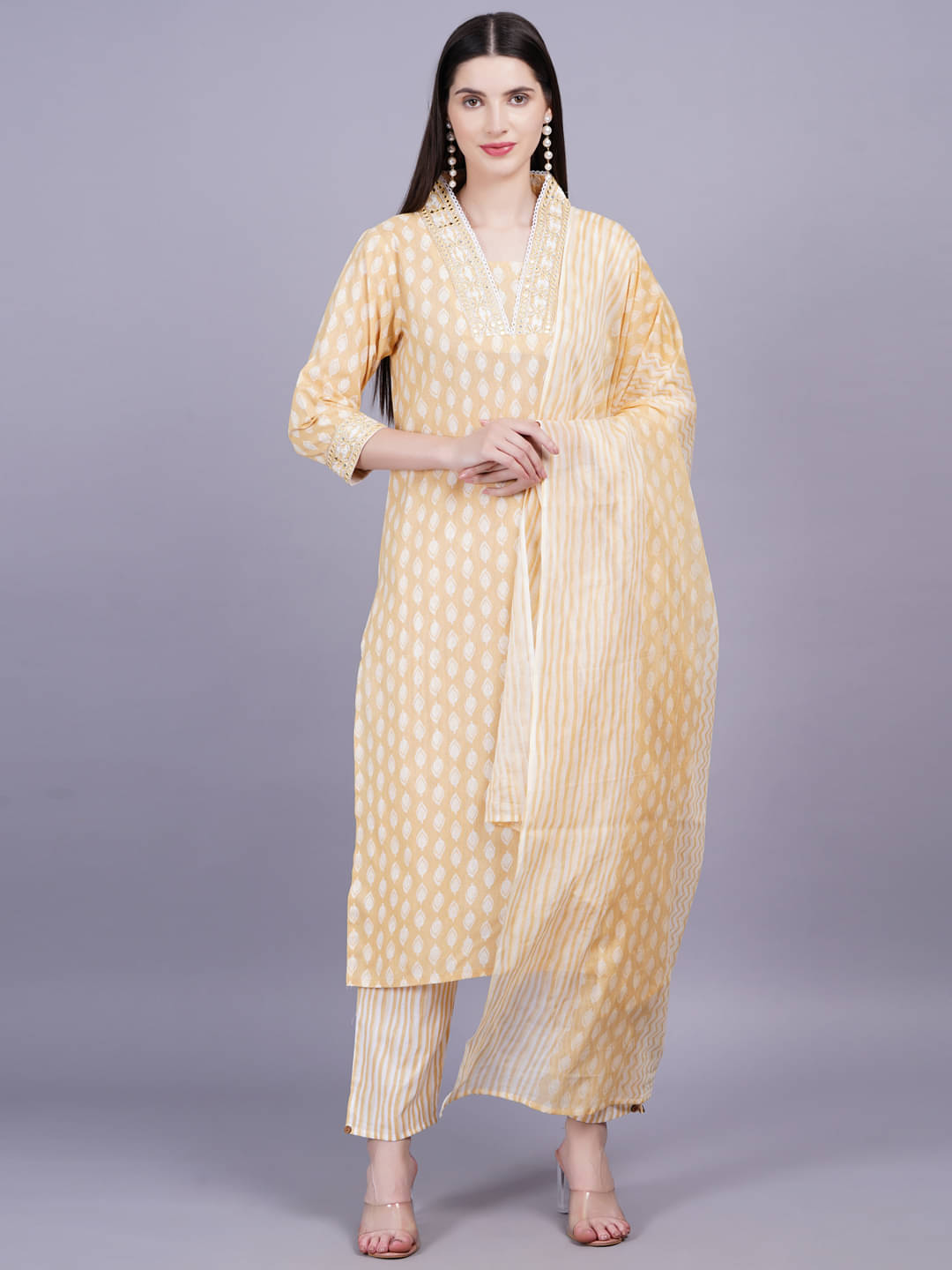     			HIGHLIGHT FASHION EXPORT Cotton Embroidered Kurti With Pants Women's Stitched Salwar Suit - Yellow ( Pack of 1 )