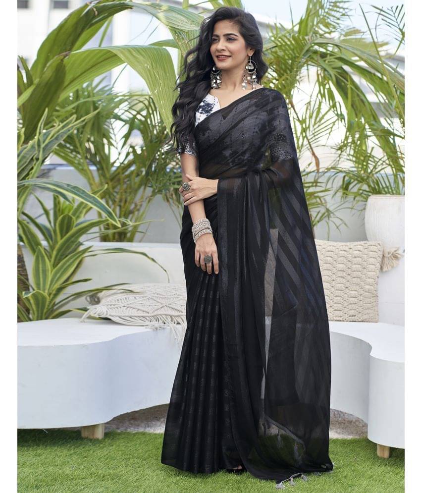 Samah Chiffon Striped Saree With Unstitched Blouse Piece ( Black ) Samah Chiffon Striped Saree With Unstitched Blouse Piece ( Black )