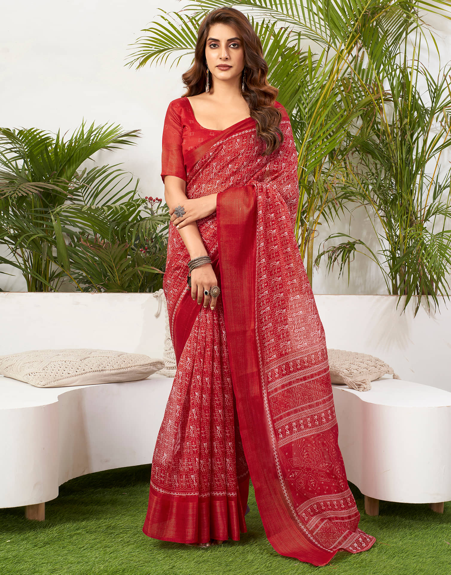 Samah Cotton Blend Printed Saree With Unstitched Blouse Piece ( Wine ) - Sarees | Buy online on ZillyBuy