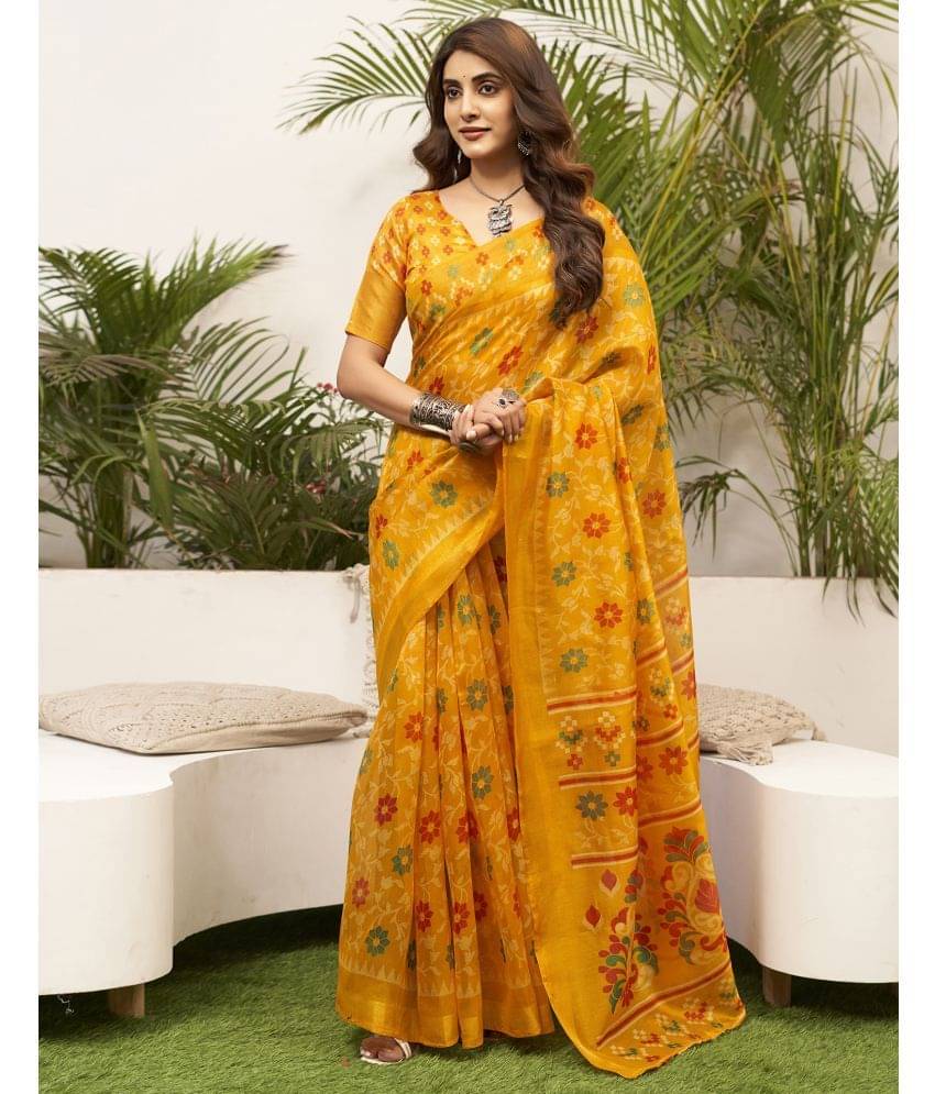     			Samah Cotton Blend Printed Saree With Unstitched Blouse Piece ( Yellow )