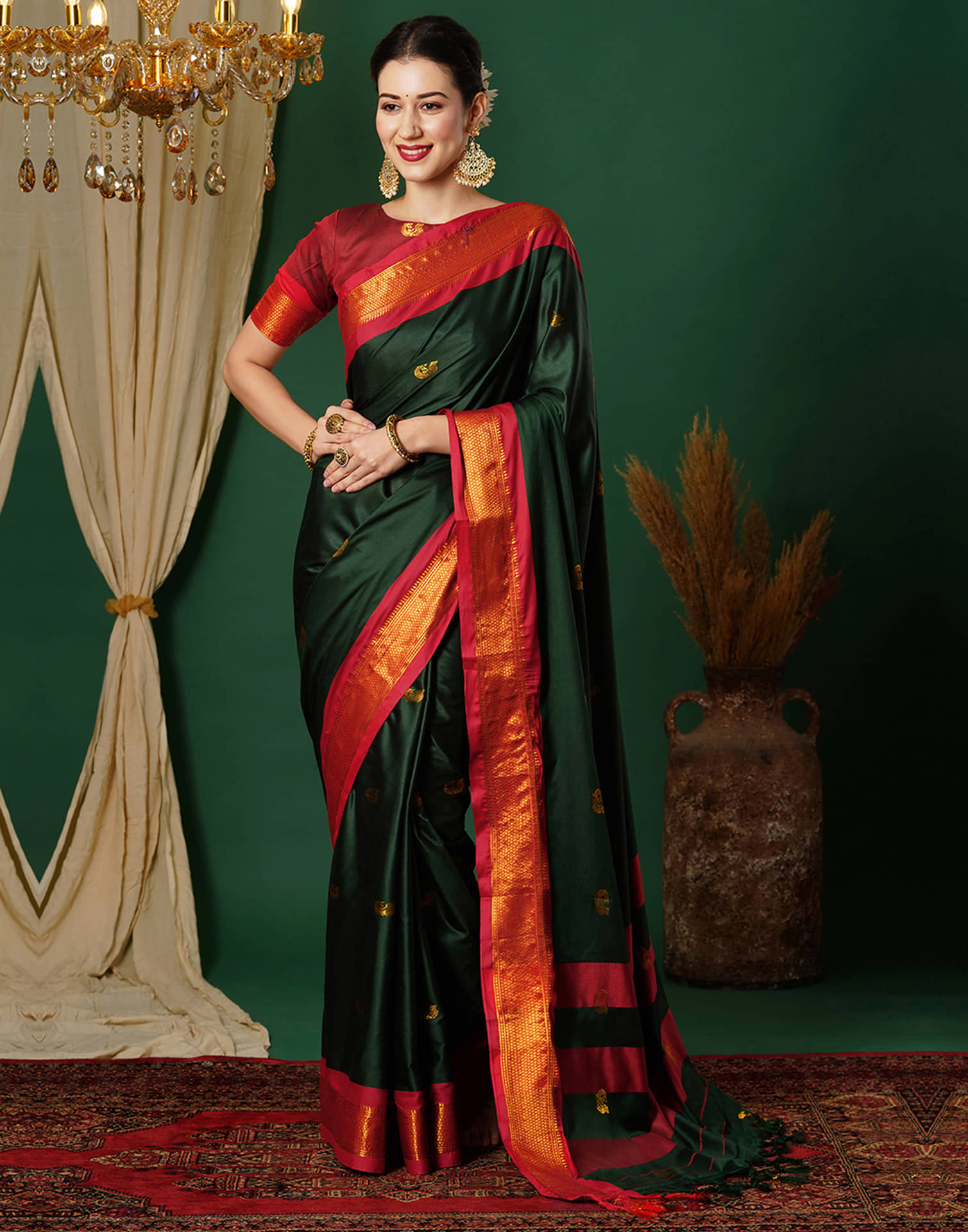 Samah Silk Self Design Saree With Unstitched Blouse Piece ( Green ) - Sarees | Buy online on ZillyBuy