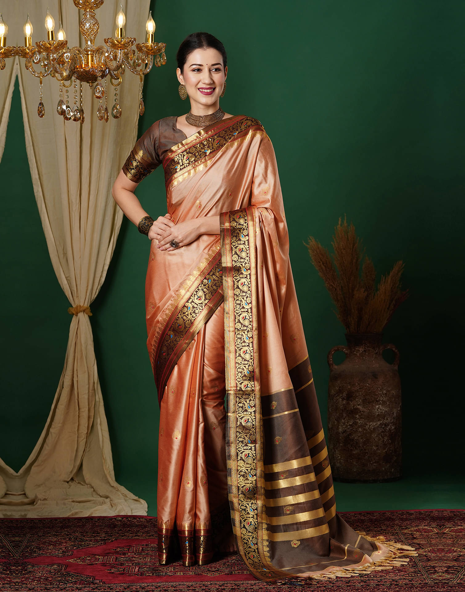 Samah Silk Self Design Saree With Unstitched Blouse Piece ( Peach ) Samah Silk Self Design Saree With Unstitched Blouse Piece ( Peach )