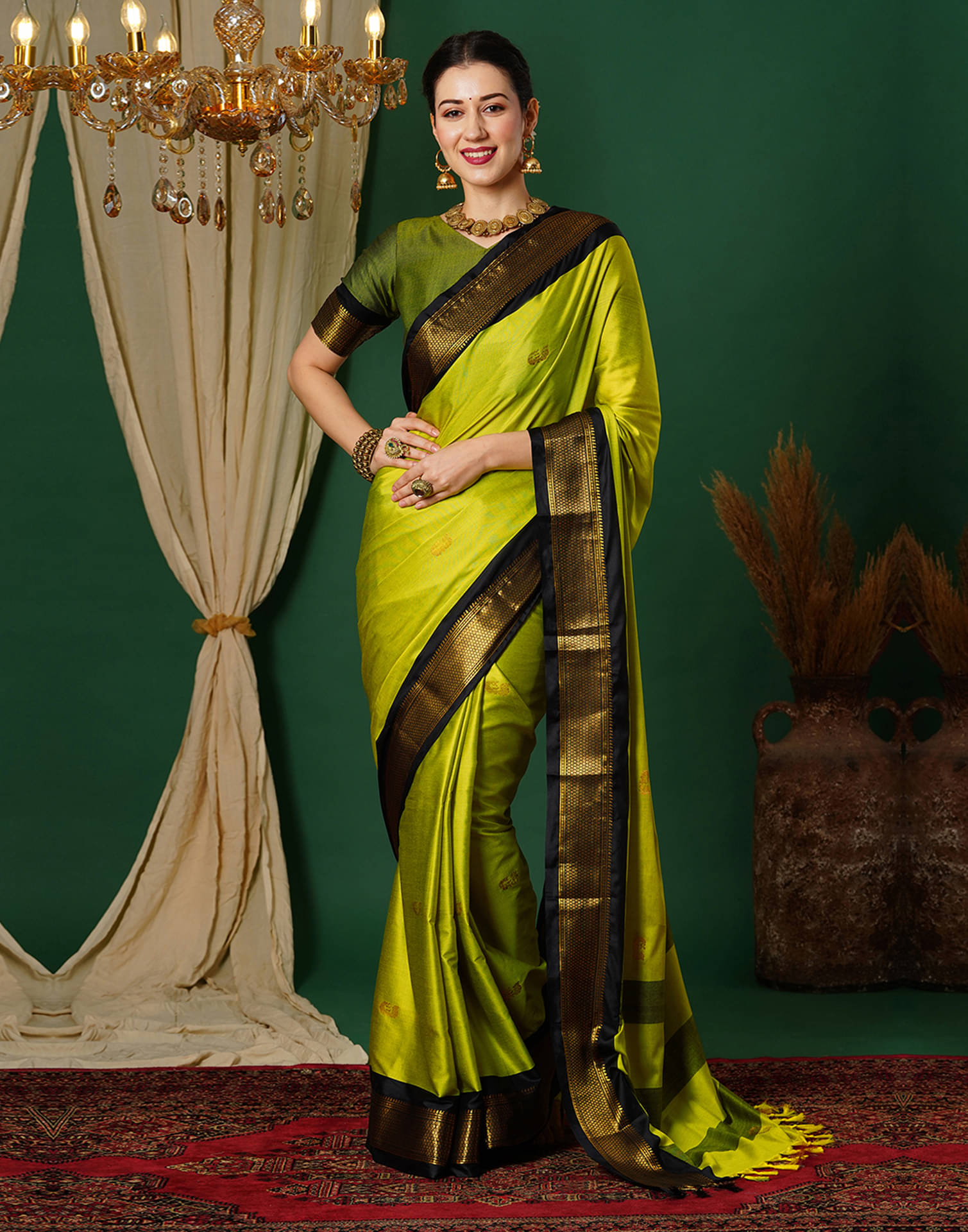    			Samah Silk Self Design Saree With Unstitched Blouse Piece ( Lime Green )