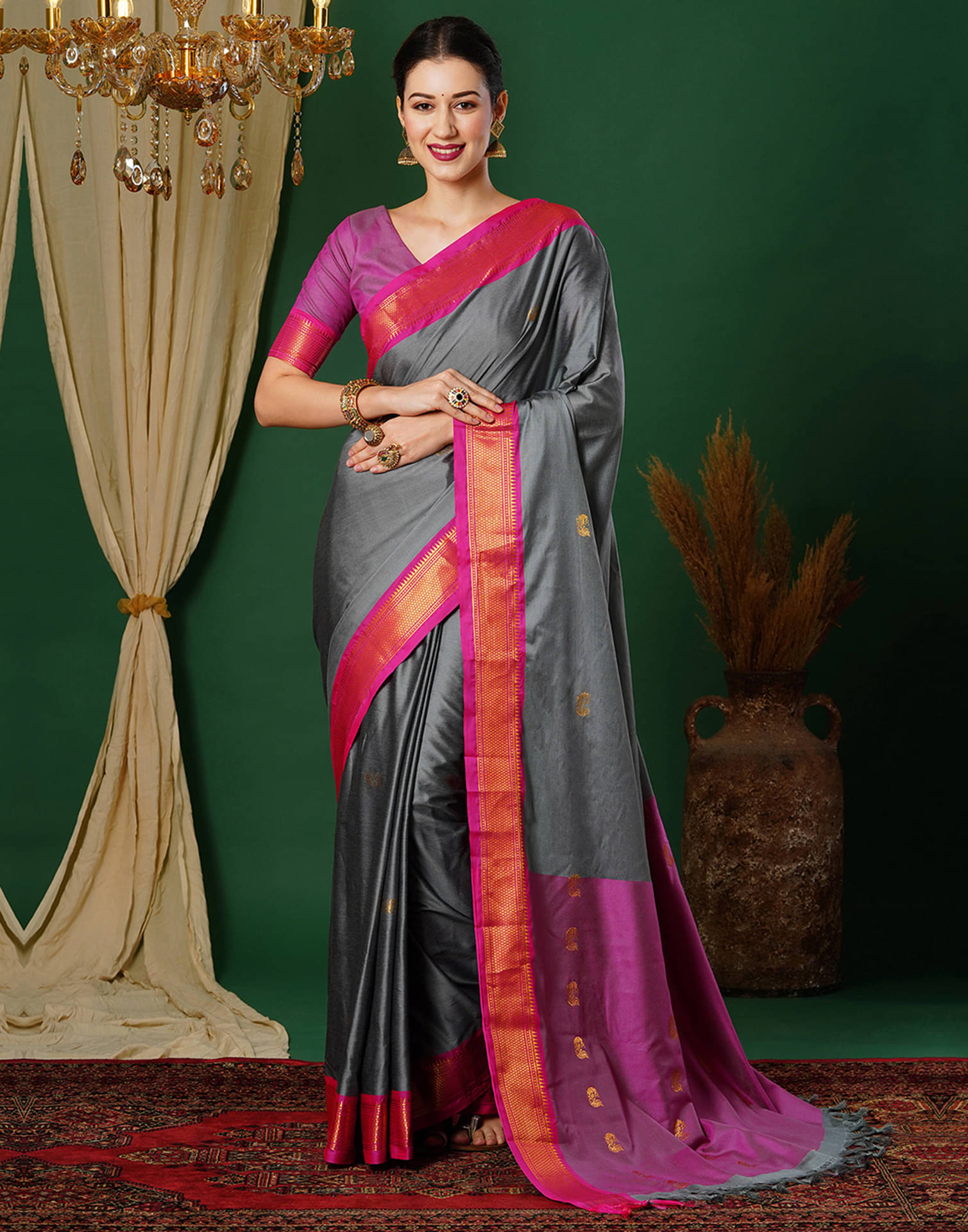     			Samah Silk Self Design Saree With Unstitched Blouse Piece ( Grey )