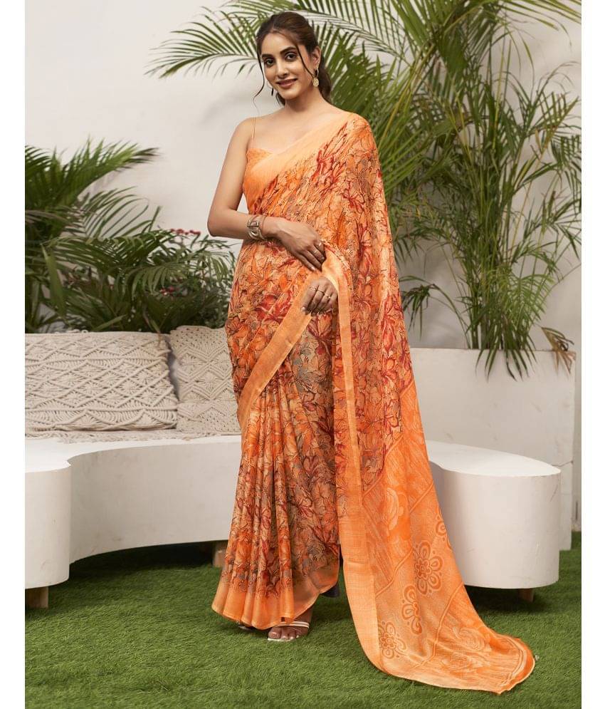 Satrani Chiffon Printed Saree With Unstitched Blouse Piece ( Orange ) Satrani Chiffon Printed Saree With Unstitched Blouse Piece ( Orange )