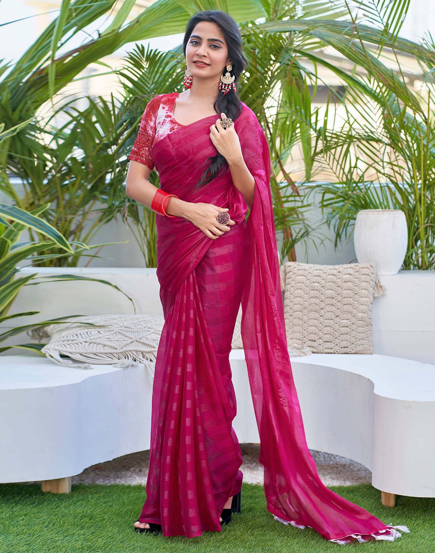     			Satrani Chiffon Striped Saree With Unstitched Blouse Piece ( Rani )