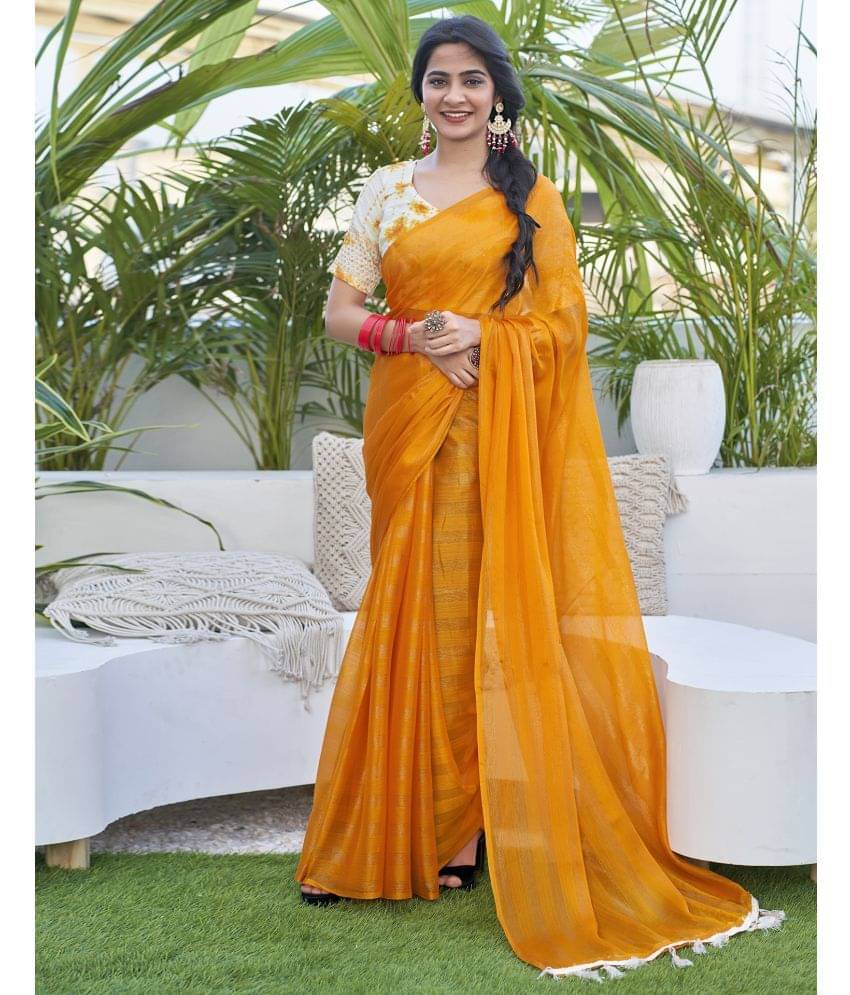     			Satrani Chiffon Striped Saree With Unstitched Blouse Piece ( Yellow )