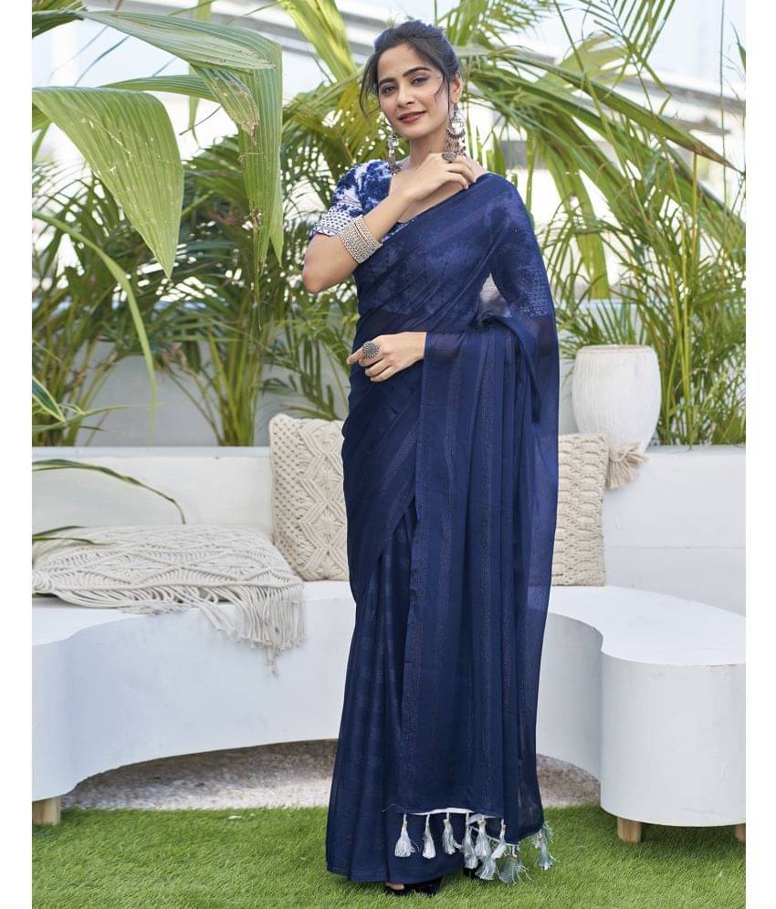     			Satrani Chiffon Striped Saree With Unstitched Blouse Piece ( Navy Blue )