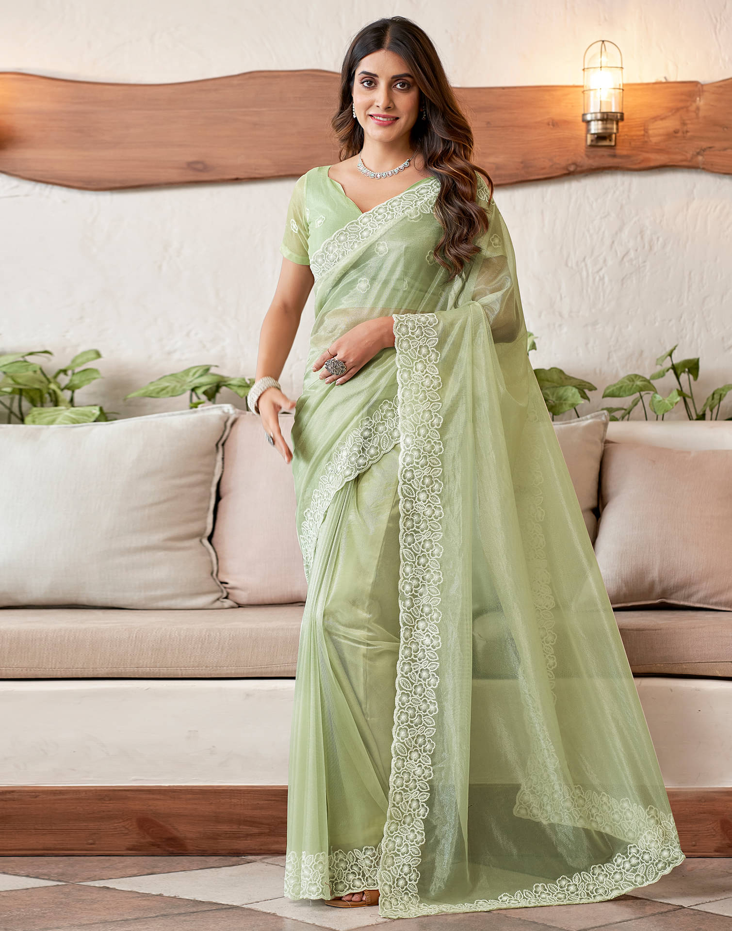 Satrani Organza Embroidered Saree With Unstitched Blouse Piece ( Light Green ) Satrani Organza Embroidered Saree With Unstitched Blouse Piece ( Light Green )