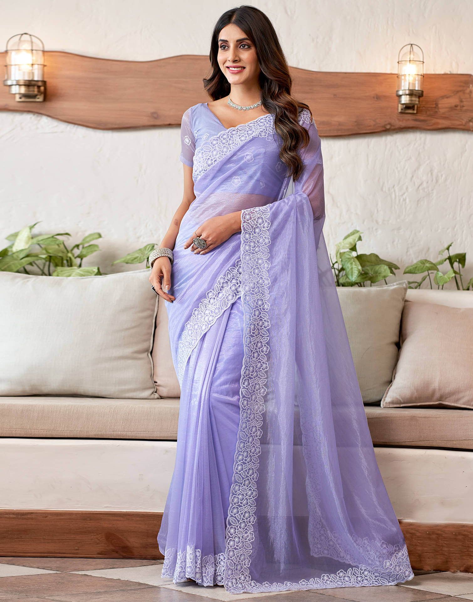     			Satrani Organza Embroidered Saree With Unstitched Blouse Piece ( Lavender )