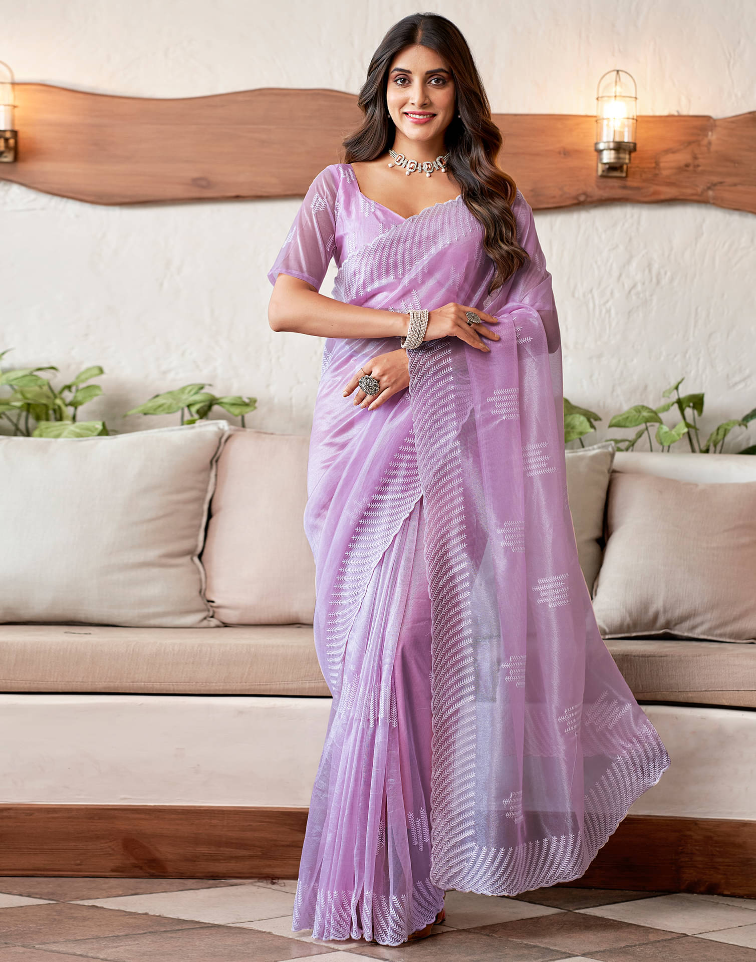     			Satrani Organza Embroidered Saree With Unstitched Blouse Piece ( Purple )