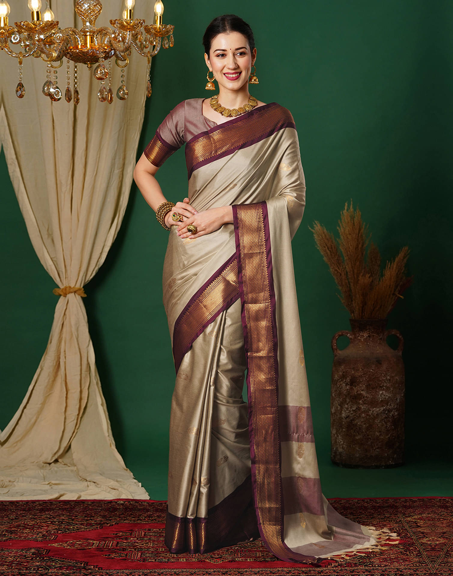     			Satrani Silk Self Design Saree With Unstitched Blouse Piece ( Beige )