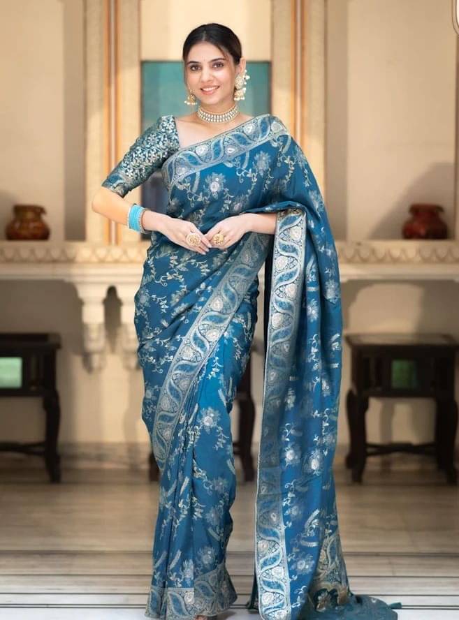 YUG ART Banarasi Silk Embellished Saree With Unstitched Blouse Piece ( Rama ) YUG ART Banarasi Silk Embellished Saree With Unstitched Blouse Piece ( Rama )