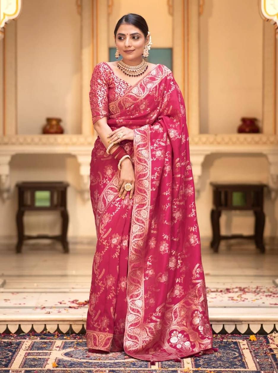 YUG ART Banarasi Silk Embellished Saree With Unstitched Blouse Piece ( Rani ) YUG ART Banarasi Silk Embellished Saree With Unstitched Blouse Piece ( Rani )
