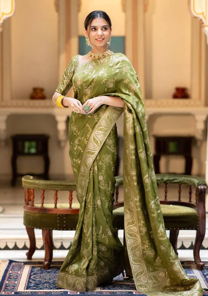 YUG ART Banarasi Silk Embellished Saree With Unstitched Blouse Piece ( Rama ) - Sarees | Buy online on ZillyBuy