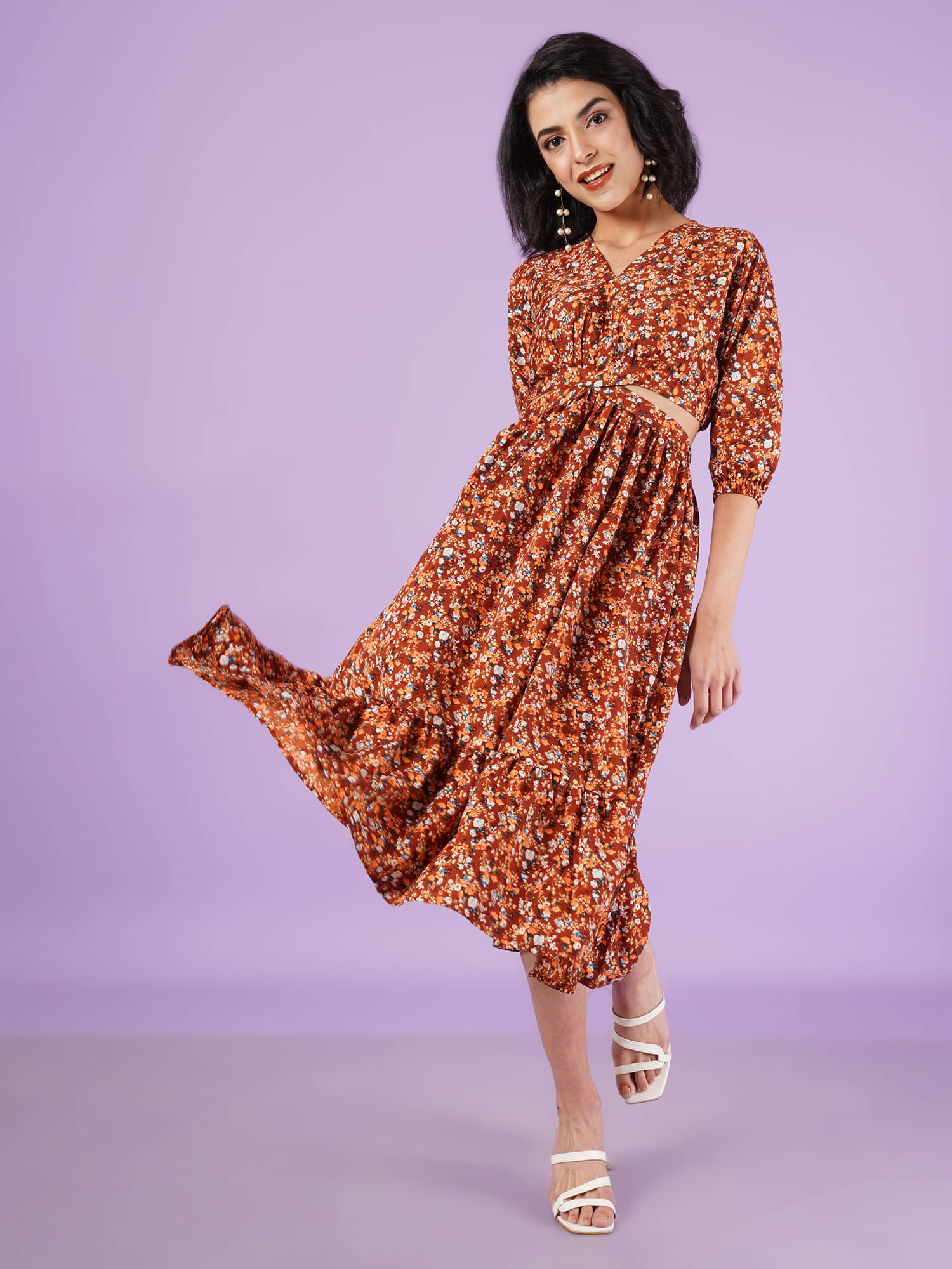 ZWERLON Crepe Printed Midi Women's Fit & Flare Dress - Brown ( Pack of 1 ) ZWERLON Crepe Printed Midi Women's Fit & Flare Dress - Brown ( Pack of 1 )