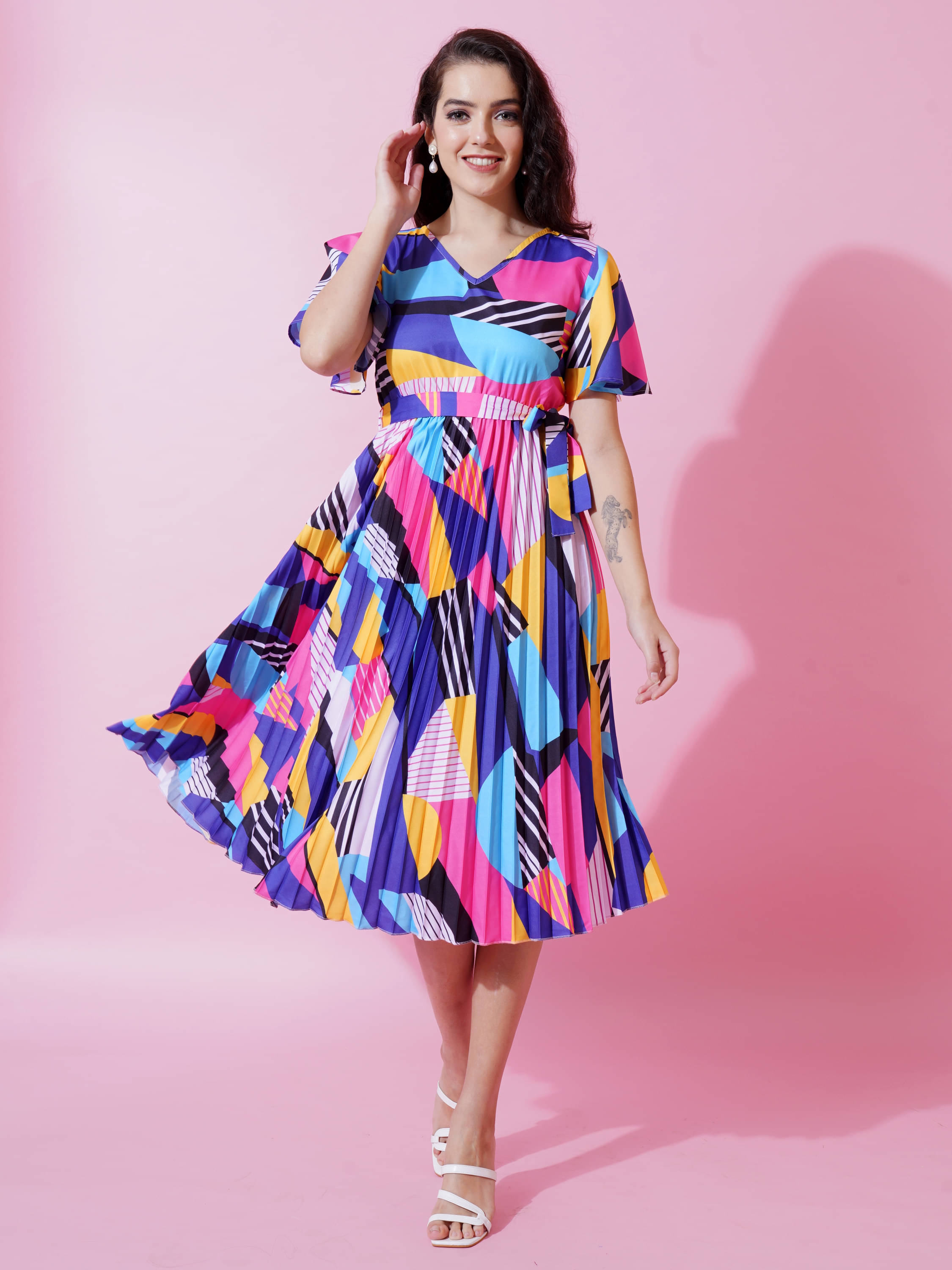     			ZWERLON Women Polyester Printed Fit & Flare Dress ( Blue )