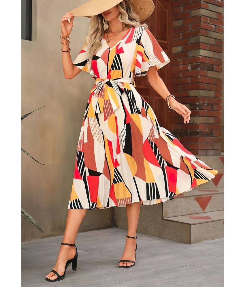     			ZWERLON Women Polyester Printed Fit & Flare Dress ( White )